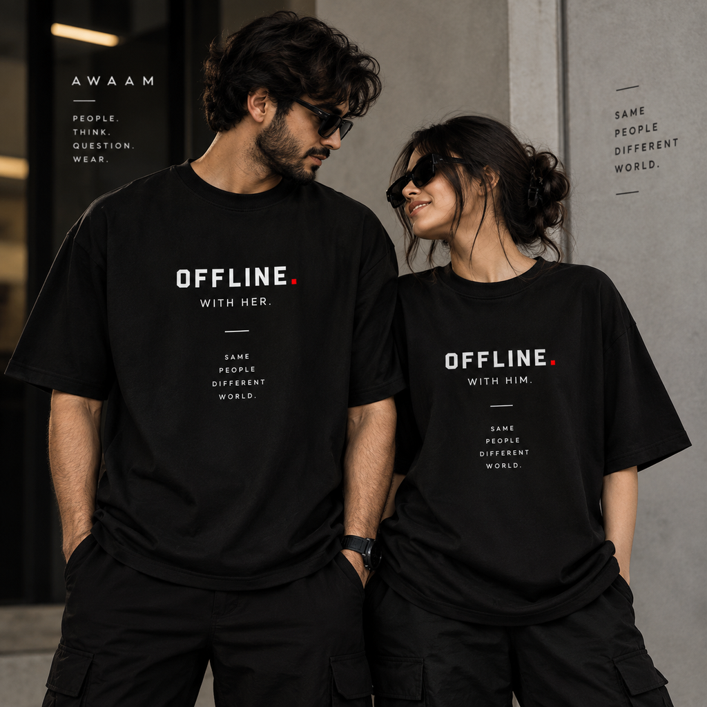 OFFLINE. WITH YOU. — Couple Oversized T-Shirt