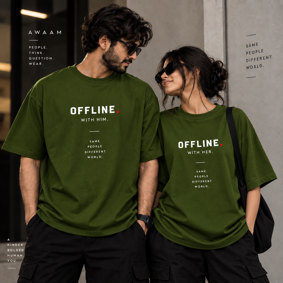 OFFLINE. WITH YOU. — Couple Oversized T-Shirt