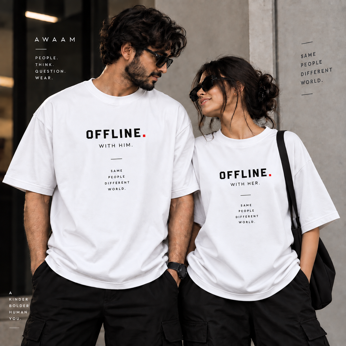 OFFLINE. WITH YOU. — Couple Oversized T-Shirt